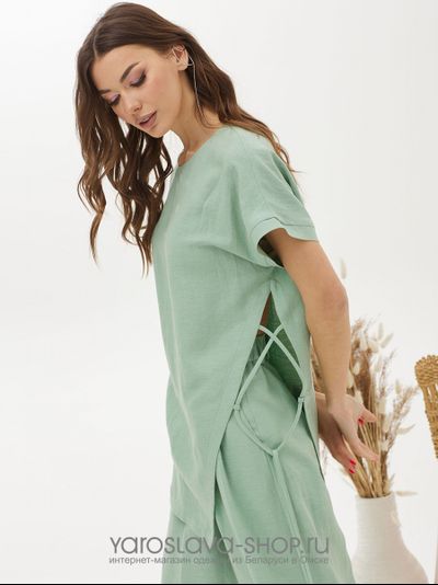 Женский льняной комплект мятного цвета