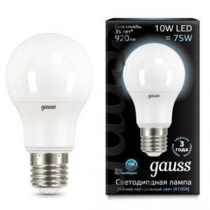 Gauss ЛОН A60 E27 10W(920 lm) 4100K 4K 60х110 матовая, пластик/алюм. 102502210