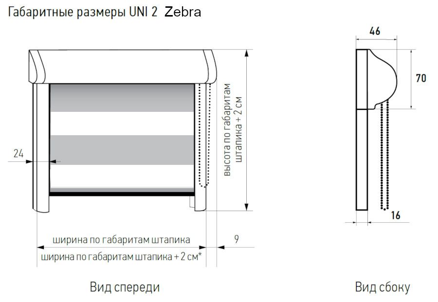 Габаритные размеры рулонных штор UNI-2 День-Ночь (Зебра)