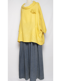 БЛУЗА ЛЁН КИМОНО "РОЗА ХОМУТ" горчичная, черная, желтая до р.56