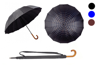 Зонт-трость в клетку с деревянной ручкой DINIYA полуавтомат, 16 спиц, Цвет: Черный, Синий, Коричневый