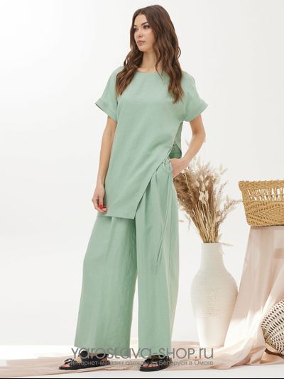 Женский льняной комплект мятного цвета