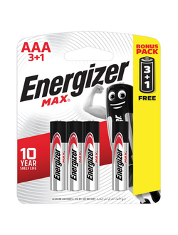 Батарейки КОМПЛЕКТ 4 шт., ENERGIZER Max, ПРОМО 3+1, AAA (LR03, 24А), алкалиновые, мизинчиковые, блистер, E300248501S