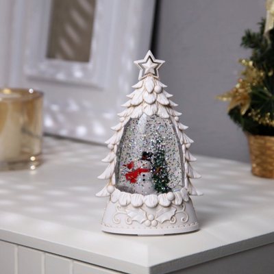 Новогодний снежный фонарик в виде ёлочки «Снеговик» 9 × 15 × 4 см, Цвет Белый