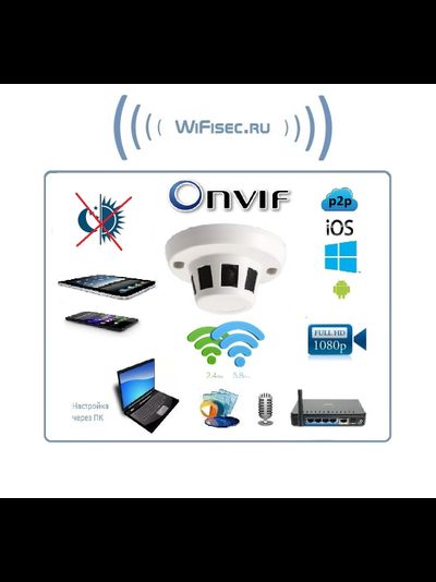 DE/GS-PRTFCMWAR(55) Видеоняня/Охранная IP WiFi(2.4/5)/LAN видеокамера с аудиоканалом (корпус датчика дыма), DVR. Full HD 2 Мп (CamHi/CamHi Pro)