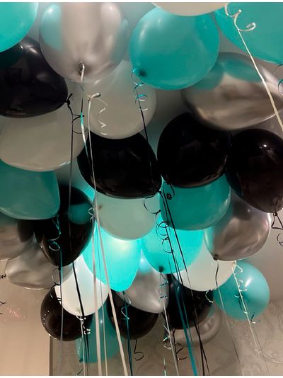Шары белые, чёрные, серебро, аквамарин 30 штук под потолок