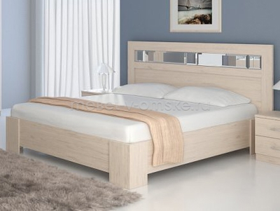 Кровать "Роксана" с  зеркальными вставками на изголовье кровати в цвете Ясень Шимо Светлый