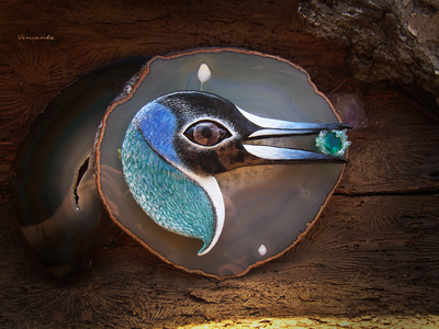 "Ледяной Пингвин Полярных Шаманов", волшебная брошь с изумрудом