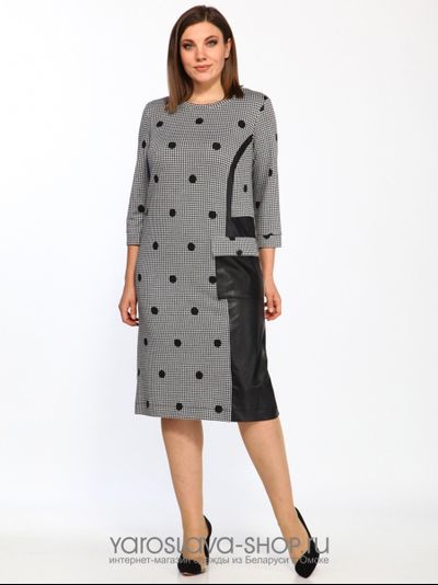 Модель: 2197. Платье серое в мелкую клетку и крупный горох с деталями из экокожи.