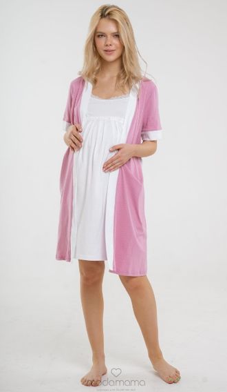 Сорочка и халат - комплект в роддом, розовый \горох