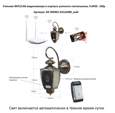 Xinweis. Уличная WiFi/LAN охранная видеокамера в корпусе уличного светильника, FullHD. 2Mp (XMeye/XMeye PRO)