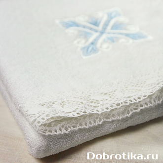 Кружевное крестильное полотенце (крыжма) с бело-голубой вышивкой, пушистое и мягкое, 105х105 см
