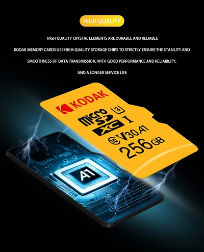 Карта памяти Kodak Micro SD, класс 10, UHS-1 U3 V30 A1 на 256 ГБ, чтение 100 МБ/с, запись данных 30 МБ/с, + переходник SD