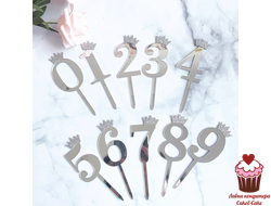 Топпер акриловый «Цифра» серебряный с короной (6,2 см), 1 ШТ.