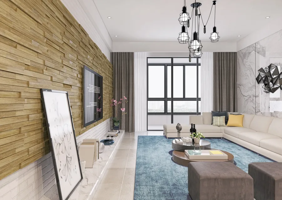 Стеновая панель из массива дуба "Колотые из массива дуба" (артикул 1017-ST) в интерьере гостиной