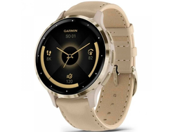 Garmin Venu 3S Soft Gold Stainless Steel Bezel with French Gray Case and Leather Band (010-02785-55)
