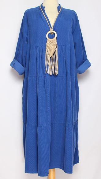 Платье Бохо "Стойка вельветовое " три яруса электрик до р.56