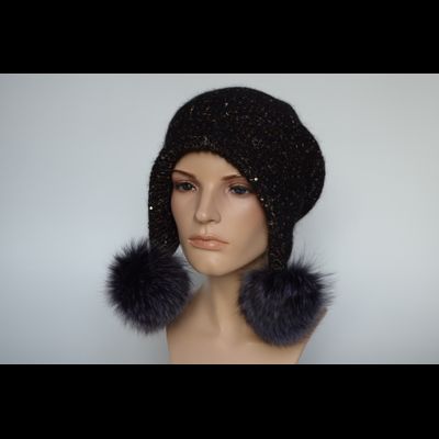 Шапка ушанка с помпонами черная вязаная Vizio Италия 8022