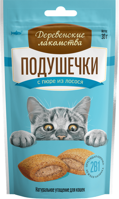 Деревенские лакомства, Подушечки с пюре из лосося для кошек, 30 гр