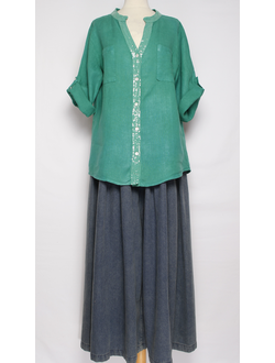 РУБАШКА ЛЁН "КРУЖЕВО НА СПИНЕ"  малахит р.46-52