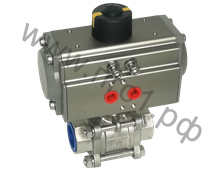 Кран шаровой, трехсоставной, разборный на стяжках из нержавеющей стали с пневмоприводом двойного действия ШК-ПГС320304-PBT052D (Дн20) 3/4"