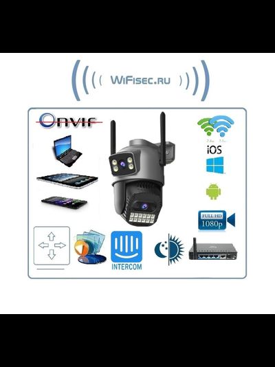 DE-WiFicam-02-4grey уличная моторизированная WiFi (2,4 и 5 Ггц)/LAN охранная видеокамера с 2 объективами, интерком, ночная подсветка ИК + свет, с DVR. 4+4 Mp. (O-Kam Pro)