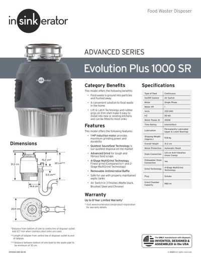 Измельчитель пищевых отходов InSinkErator Evolution Plus 1000 SR