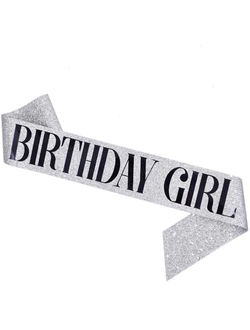 Лента серебро Birthday girl буквы черные