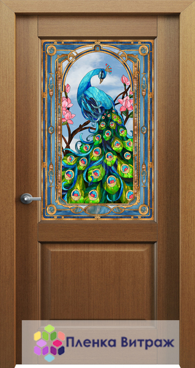 Витражная пленка,витражная пленка самоклеющаяся под заказ,пленочный витраж флора с птицами павлинами