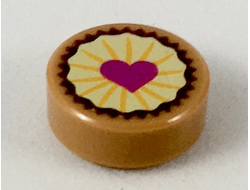Tile, Round 1 x 1 with Pastry, Magenta Heart on Bright Light Yellow Icing Pattern, Medium Nougat (98138pb094 / 6250383 / 6315331)
