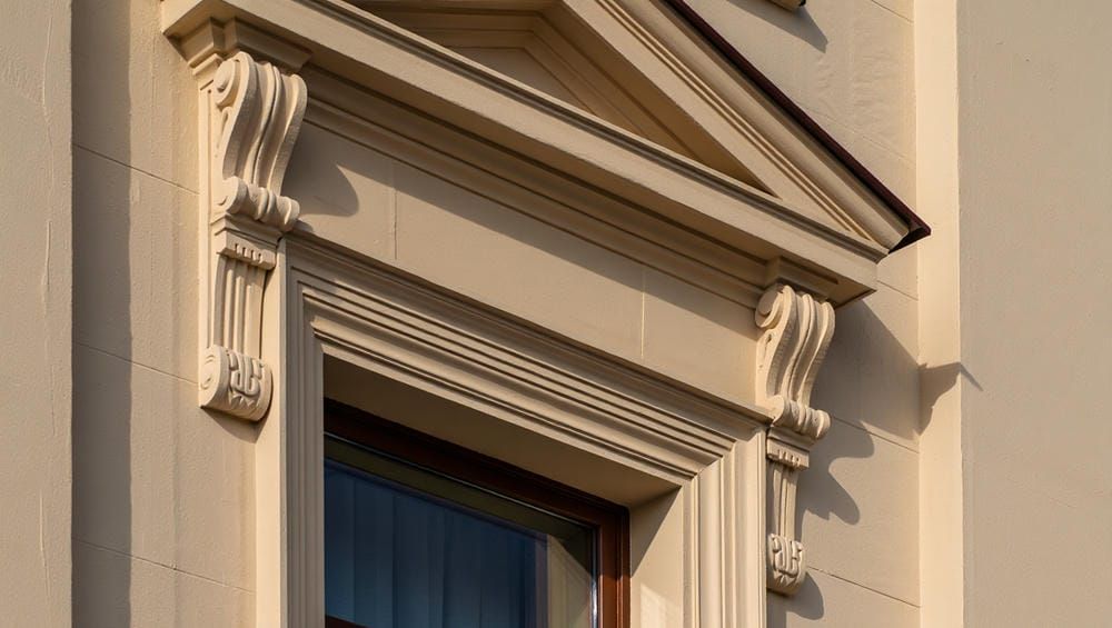 Изысканный декор окна с наличниками и сандриками из полиуретана, формирующий премиальный дизайн фаса