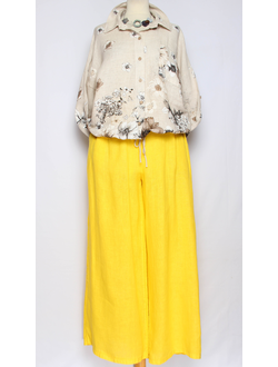 Брюки "Лён широкие с защипами на поясе" желтые  р.48-56