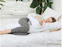 Подушка для беременных на молнии с ластовицей био пух форма U 340 х 35 см + наволочка на молнии сатин Страйп Белый