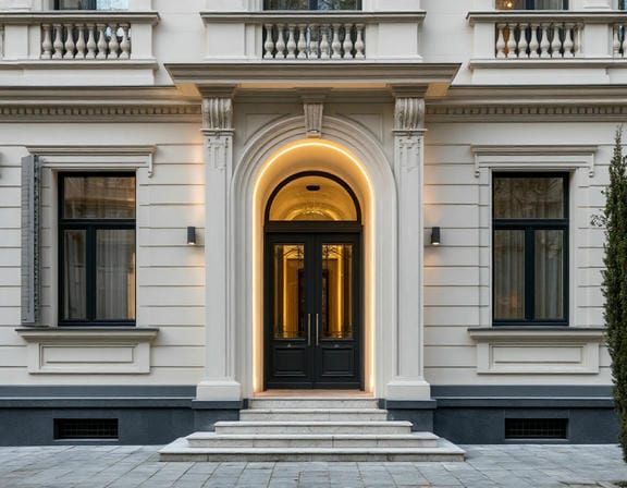 Неоклассический фасад с гармонично сочетающимися элементами: карниз, наличники и современные акценты