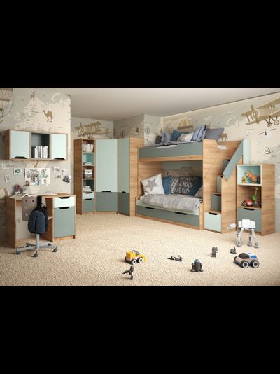 Rich КР-001 Кровать чердак Дуб Крафт золотой - Мята/Сумеречный голубой