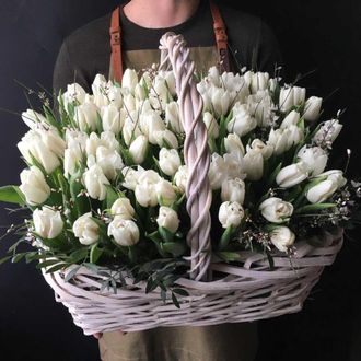 101 белый тюльпан в корзине с зеленью