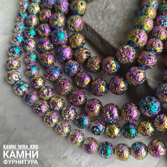 Лава вулканическая в гальваническом покрытии, шары, размер и цвет в ассортименте, цена за нить 19 см