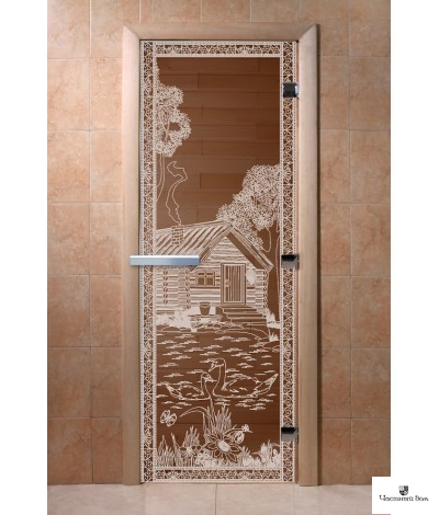 Дверь стеклянная для бани и сауны "Банька в лесу" Бронза  8мм Ольха 1900*700