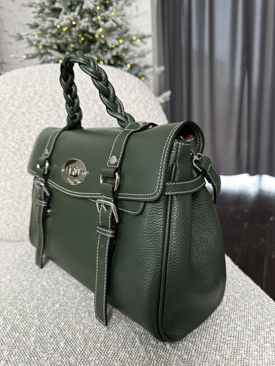 Женская сумка портфель из натуральной кожи темно-зеленого цвета, Vera Pelle Italy. Арт. 024585