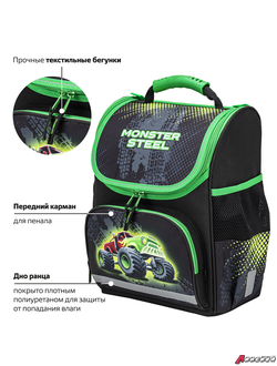 Ранец ПИФАГОР BASIC, 1 отделение, 3 кармана, эргономичная спинка, «Monster steel», 35×28×18 см. 270686