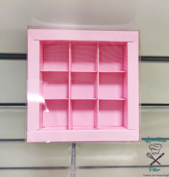 Коробка на 9 конфет с пластиковой крышкой 155*155*30 мм, розовая матовая