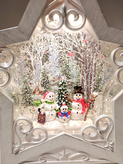 Новогодний музыкальный  светильник "ЗВЕЗДА" c LED подсветкой и поддувкой снега, 26,5*25*7 см, ТИП: Дед Мороз дарит подарок/Снеговики