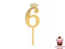 Топпер Цифра 6 с короной, золото, акрил  (10,5см)