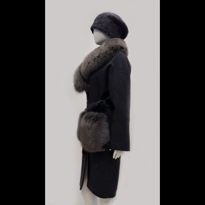 Пальто с меховым воротником и карманами из меха Arti moda 1538 темно - серое