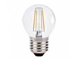 Лампа светодиодная General шар P45 E27 8W 6500K 6K 45x76 филамент (нитевидная), прозр 649982