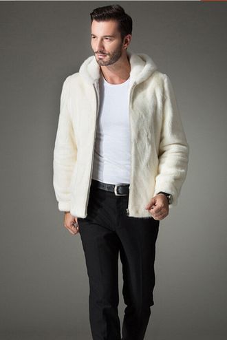 Шуба куртка с капюшоном норковая мужская зимняя натуральный мех норка  белый жемчуг арт. Ми-021