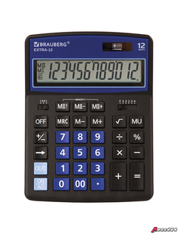 Калькулятор настольный BRAUBERG EXTRA-12-BKBU (206×155 мм), 12 разрядов, двойное питание, ЧЕРНО-СИНИЙ. 250472