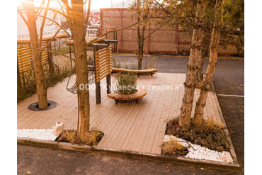 ЖК Олимпийский. Лаунж-зона с перголами и скамейками