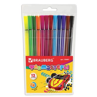 Фломастеры BRAUBERG, 12 цветов, шестигранные в полоску, вентилируемый колпачок, пластиковая упаковка, 150681, 6 наборов