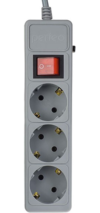 Сетевой фильтр с заземлением и кнопкой Perfeo Power+, 3 м, 3 розетки (серый)